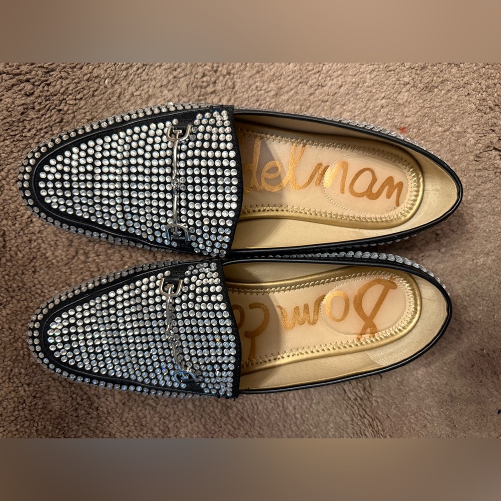 Sam Edelman black loafers embellished with silver rhinestones.